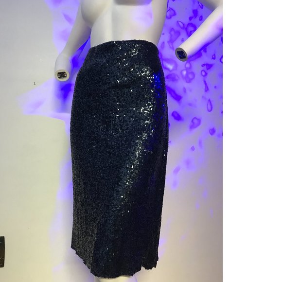 FOREVER 21 Shiny Metallic Navy Blue Black Sparkle Sequin Pencil Skirt NWT - Picture 1 of 5